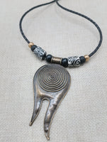 Tribal Necklace Swirl Antique Bronze Black Leather Women's Jewelry Cord Ethnic Large Pendant