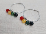 Women Silver Hoop Earrings Round Rasta Beaded Jewelry Red Yellow Green Black