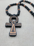 Wooden Ankh Necklace Beaded Black Brown Jewelry Gye Nyame African Egyptian