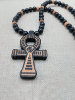 Wooden Ankh Necklace Beaded Black Brown Jewelry Gye Nyame African Egyptian