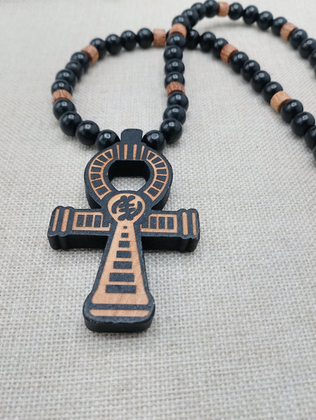 Wooden Ankh Necklace Beaded Black Brown Jewelry Gye Nyame African Egyptian