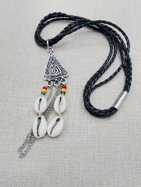 Leather Necklace Triple Strand Silver Pendant Rasta Cowrie Women Statement Gift Ideas