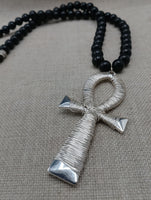 Silver Ankh Wire Wrapped Large Men Necklace Jewelry Black Beaded Statement