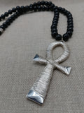 Silver Ankh Wire Wrapped Large Men Necklace Jewelry Black Beaded Statement
