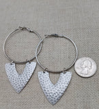 Silver Earrings Hoop V Shaped Hammered Jewelry Women Ethnic