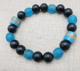 Blue Bracelet Black Beaded Glass Ethnic African Krobo Stone Unisex Jewelry Stretch Size 7