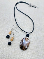 Women Jewelry Set  Agate Beaded Cord Necklace Small Earrings