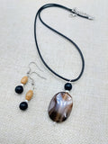 Women Jewelry Set  Agate Beaded Cord Necklace Small Earrings