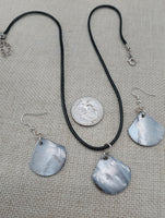Mother of Pearl Jewelry Set  Necklace Earrings Black Cord Women Boho Beach Silver
