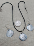 Mother of Pearl Jewelry Set  Necklace Earrings Black Cord Women Boho Beach Silver