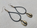 Women Earrings Long Dangle Cowrie Black Antique Bronze Jewelry