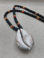 Men Necklace African Cowrie Shell Jewelry Black Beaded Orange Krobo Handmade Gift Ideas