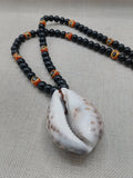Men Necklace African Cowrie Shell Jewelry Black Beaded Orange Krobo Handmade Gift Ideas