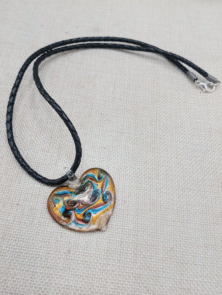 Heart Necklace Love Women Jewelry Murano Blue Gold Black Leather Cord Gift Ideas
