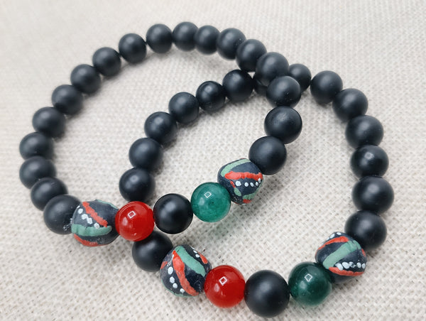 African Bracelet Pan African Jewelry Beaded Red Black Green Stretch