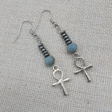 Silver Ankh Earrings Egyptian Beaded Women Dangle Hematite