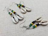 Small Women Jamaica Earrings Green Yellow Black Beaded Dangle Cowrie Jewelry
