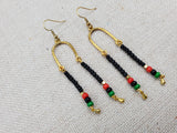 Afrocentric Earrings Pan African Jewelry Gold Tone Beaded Dangle  Red Black Green Women