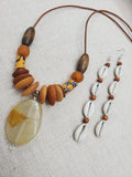 Women Necklace Set Glass Brown Pendant Leather Jewelry Set Earrings Cowrie Ethnic Danlge