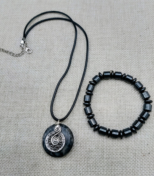 Stone Necklace Hematite Jewelry Set Beaded Bracelet Silver