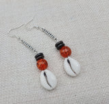 Cowrie Earrings Brown Orange Silver Women Dangle Handmade Beaded