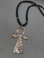 Gold Ankh Men Necklace Large Pendant Beaded Jewelry  Black
