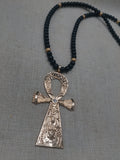 Gold Ankh Men Necklace Large Pendant Beaded Jewelry  Black