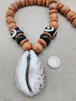 Large Cowrie Shell Necklace Wooden Carved Beaded Jewelry Men Beach Boho