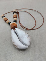 Large Cowrie Shell Necklace Leather Cord Wood Beads Jewelry Men Gift
