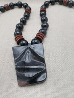 African Wooden Necklace Lips Black Brown Carved Beaded Jewelry Men Gift Ideas