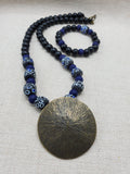 Round Antique Brass Pendant Black Blue Beads Jewelry Set Women Statement