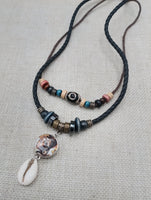 African Women Pendant Cowrie Shell Jewelry Leather Adjustable Tribal Beaded Ethnic