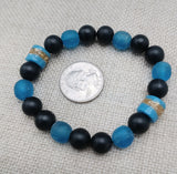 Blue Bracelet Black Beaded Glass Ethnic African Krobo Stone Unisex Jewelry Stretch Size 7