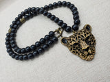Men Necklace Panther Cheetah Beaded Jewelry Black Antique Gold Gift Idea