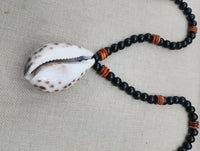 Men Necklace Cowrie Shell Jewelry Black Brown Wood Beaded Ethnic Handmade