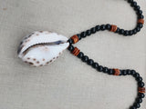 Men Necklace Cowrie Shell Jewelry Black Brown Wood Beaded Ethnic Handmade
