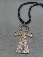 Gold Ankh Men Necklace Large Pendant Beaded Jewelry  Black