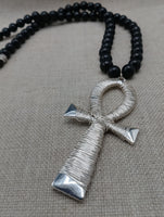 Silver Ankh Wire Wrapped Large Men Necklace Jewelry Black Beaded Statement