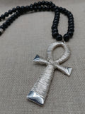 Silver Ankh Wire Wrapped Large Men Necklace Jewelry Black Beaded Statement