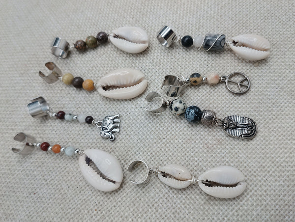 Locs Hair Jewelry Set of 8 Cowrie African Elephants Natural Stone Accessories Braids Twist Dreads Unisex