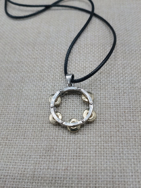 Tambourine Necklace Silver Gold Tone Black Cord Church Jewelry Music Church