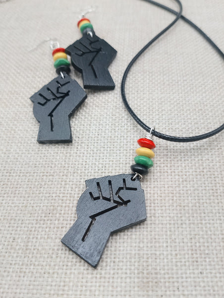 Juneteenth Necklace Black Fist Jewelry Set Women Earrings Red Yellow Green Wooden Handmade Statement