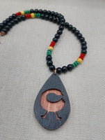 African Adinkra Sankofa Bird Necklace Women Men Wooden Beaded Black Red Yellow Green