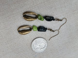 Cowrie Earrings Beaded Jewelry Green Brass Dangle Ethnic