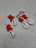 Cowrie Earrings Red Coral Ethnic Beaded Jewelry Handmade Women