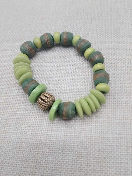 Bracelet Stretch Jewelry Beaded African Krobo Green Unisex Brass Size 7