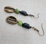 Cowrie Earrings Beaded Jewelry Green Brass Dangle Ethnic