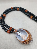 Men Necklace Cowrie Shell Jewelry Black Brown Wood Beaded Ethnic Handmade