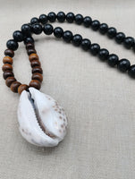 African Cowrie Shell Pendant Black Brown Beaded Jewelry Men Ethnic Gift Ideas