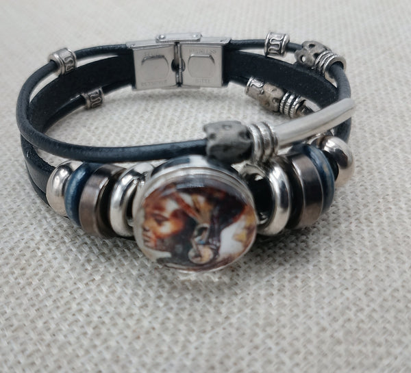 African Silver Leather Bracelet Fashion Statement Size 7.5 Women